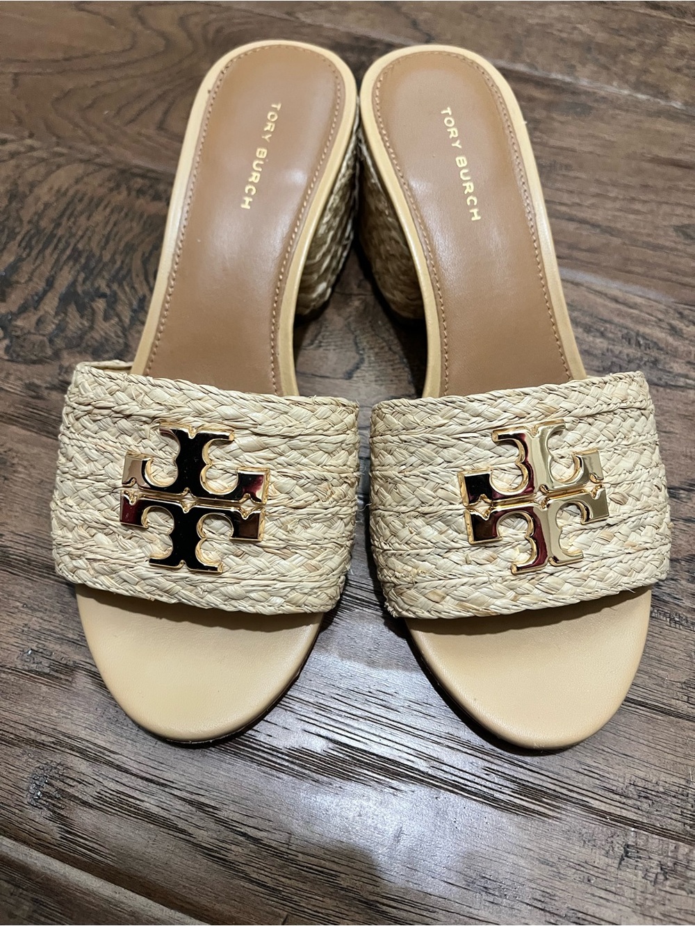 Tory Burch Natural Raffia Slide with Gold Logo